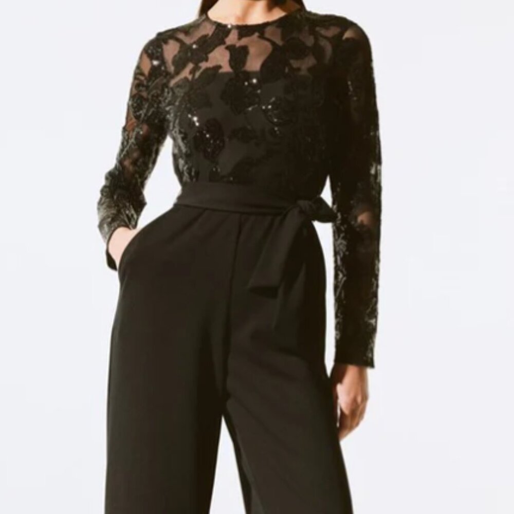 JOSEPH RIBKOFF SCUBA CREPE & SEQUIN MESH JUMPSUIT